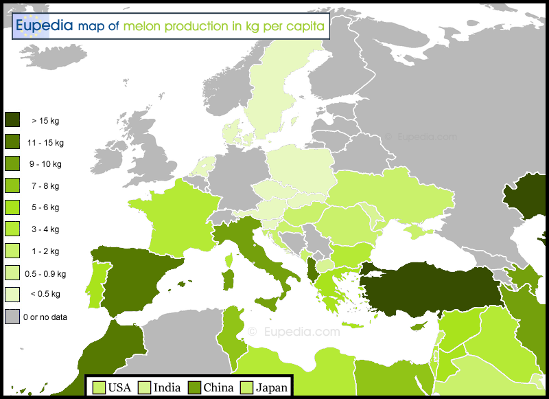Map of melon production in kg per capita in and around Europe