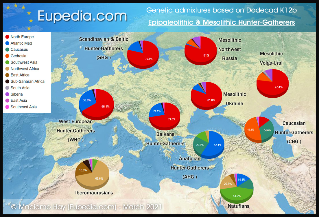 Genetic admixtures (Dodecad K12b) of Epipaleolithic and Mesolithic Europeans, West Asians and North Africans