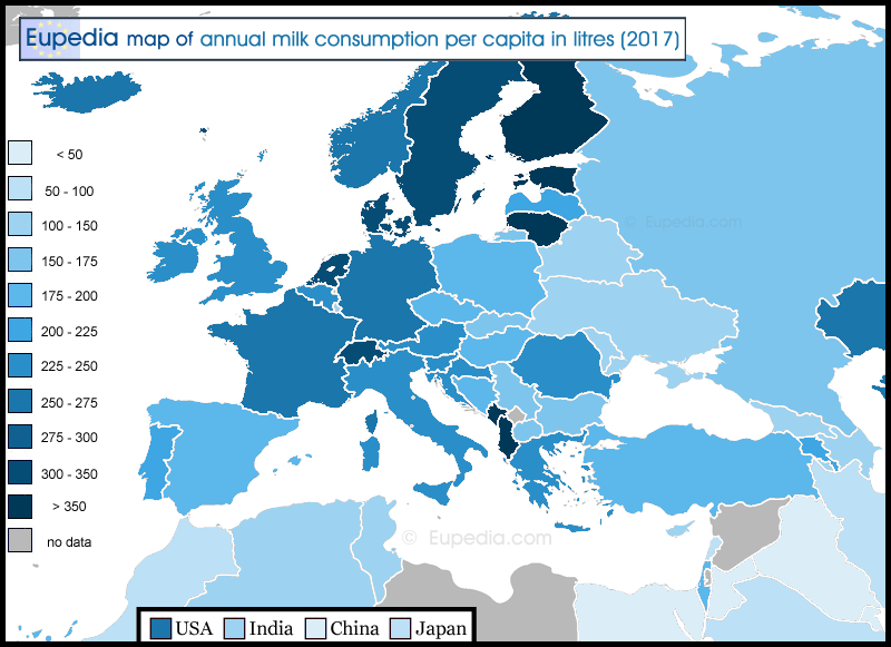Map of milk consumption per capita per year in and around Europe