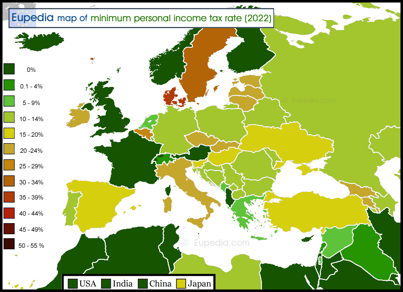 Map showing the lowest personal income tax rate in and around Europe