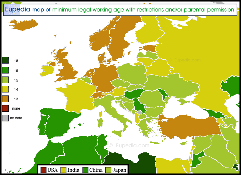 Map of minimum legal working age for light or part-time work (may required parental permission) by country in and around Europe