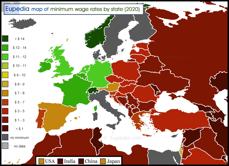 Map of minimum wage rates in and around Europe