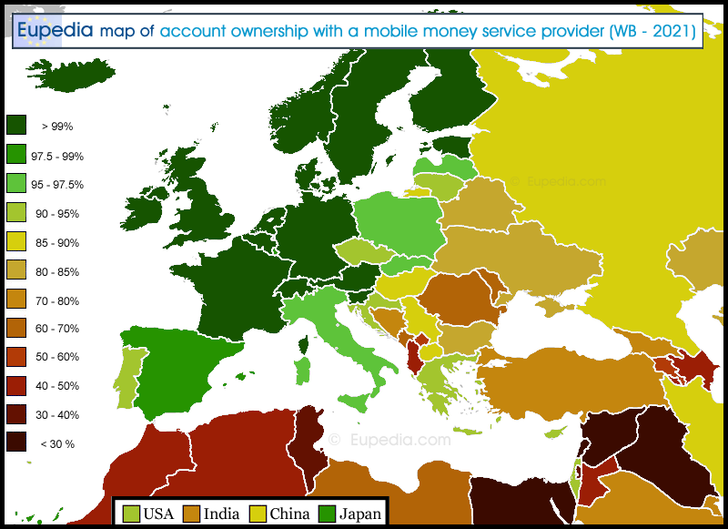 Map showing the percentage of people aged 15+ using mobile banking by country in and around Europe