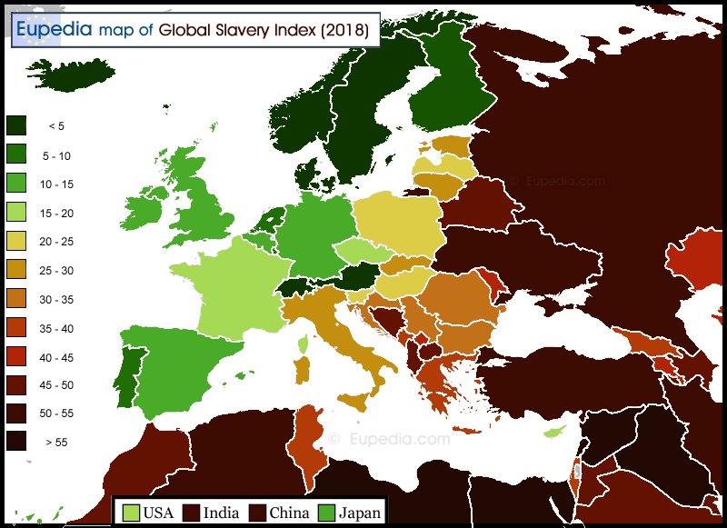 Map of modern slavery by country in and around Europe