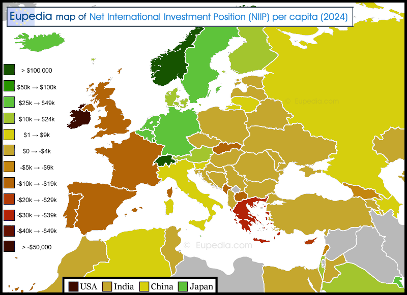 Map of Net International Investment Position (NIIP) per capita in and around Europe as of 2024