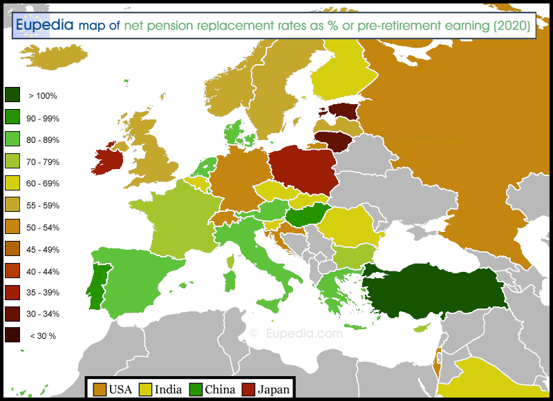 Map of net pension replacement rate as percentage of pre-retirement earnings in Europe in 2020