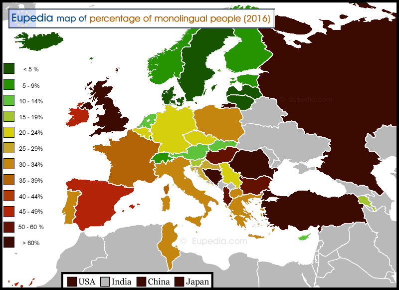Map of percentage of monolingual people by country in and around Europe