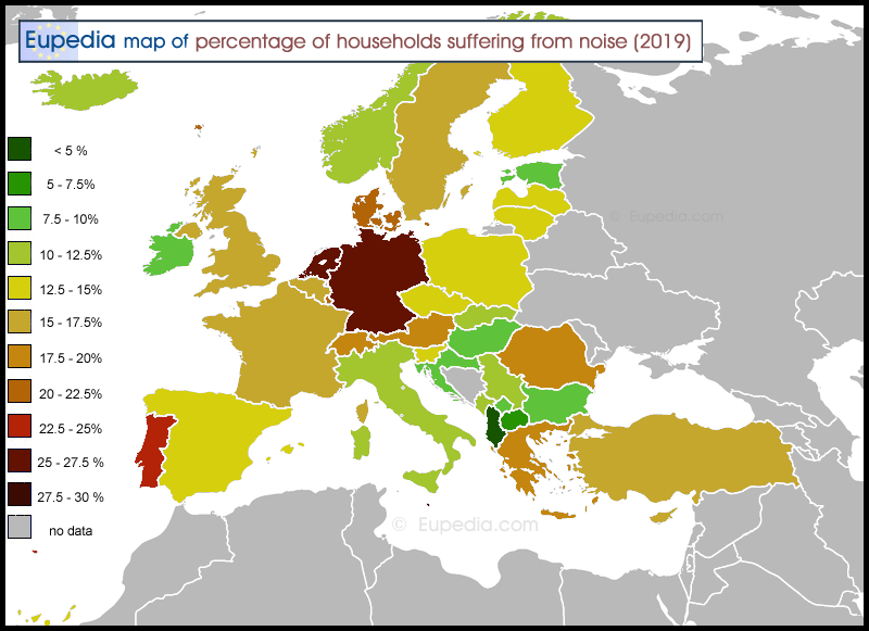 Map showing the percentage of households suffering from noise pollution in Europe