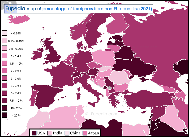 Map showing the percentage of foreigners from non-EU countries in and around Europe
