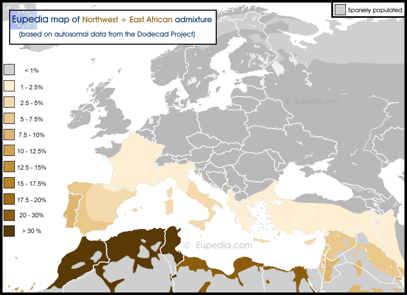 Distribution of the Northwest African + East African admixture (K12b) in and around Europe