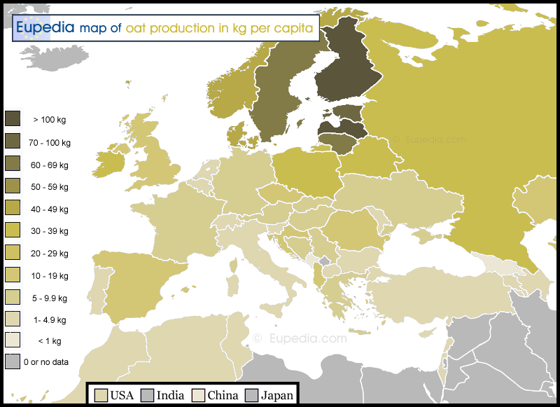 Map of oat production in kg per capita in and around Europe