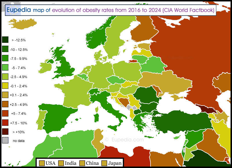 Map of evolution of obesity rates from 2016 to 2024 in and around Europe