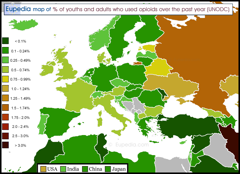 Map of prevalence of opioids use over the past year in and around Europe