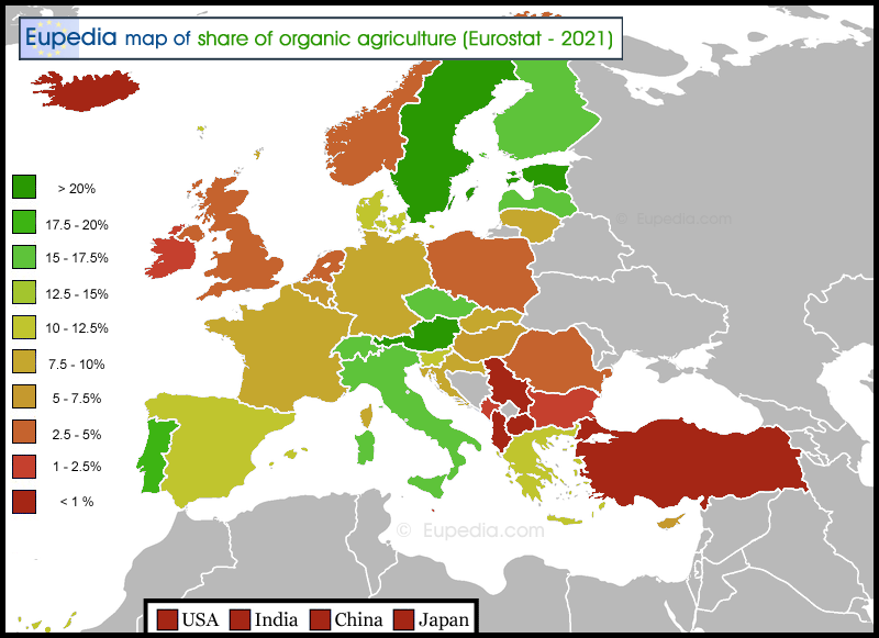 Map of organic agriculture in Europe in 2021