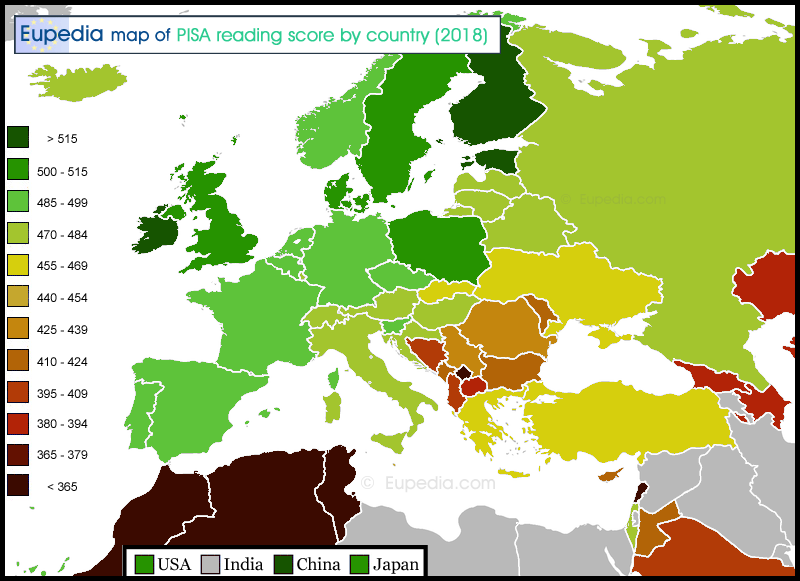 Map of average PISA score by country for reading (2018) in and around Europe