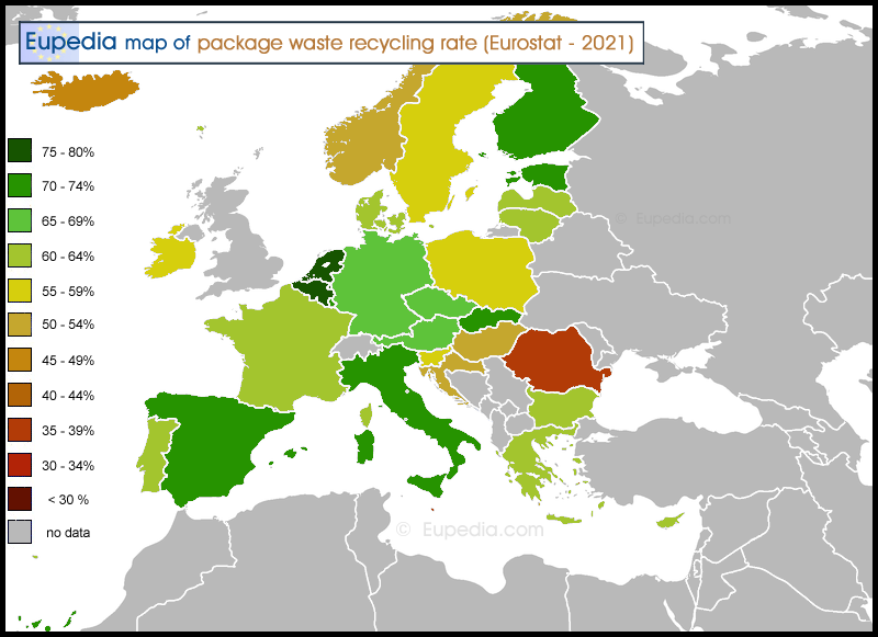 Map of packaging waste recycling rates in Europe