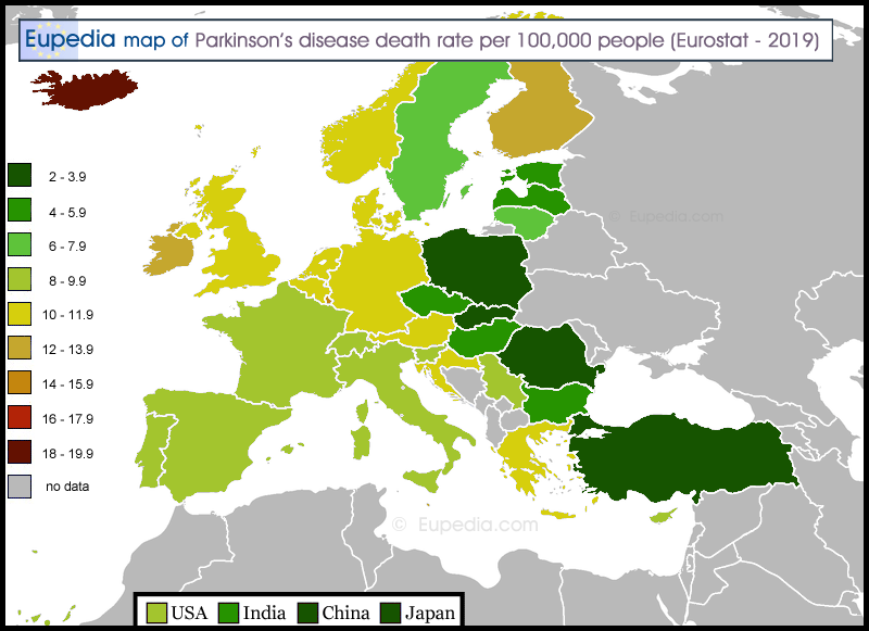 Map of death rate from Parkinson's disease per 100,000 people in and around Europe