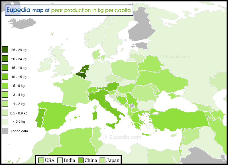 Map of pear production in kg per capita in and around Europe