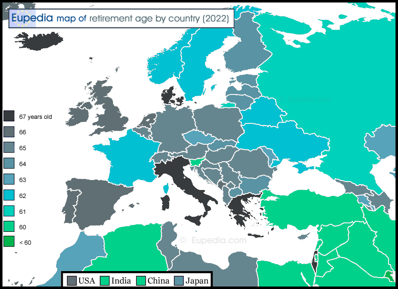 Map of retirement age in and around Europe in 2022