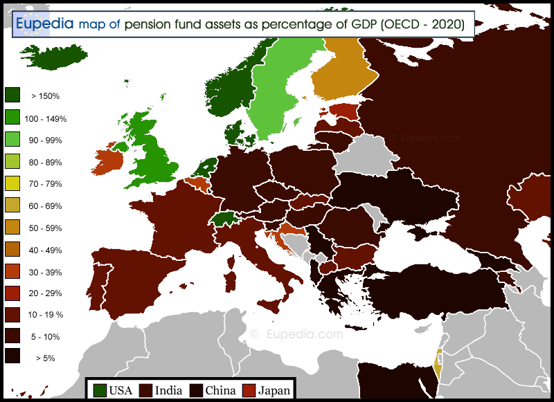 Map of pension fund assets as percentage of GDP in Europe in 2020