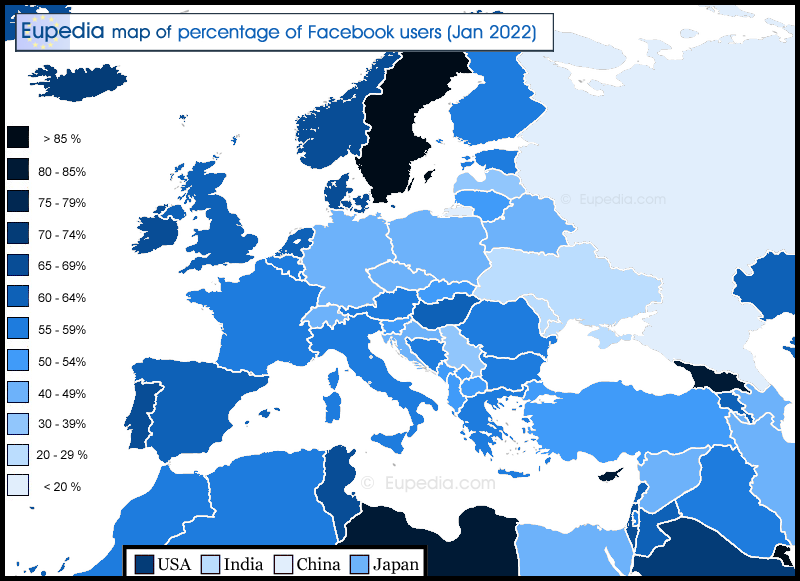 Map showing the percentage of Facebook users by country in and around Europe