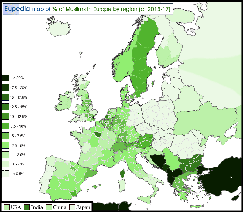 Map of percentage of Muslims by region in and around Europe
