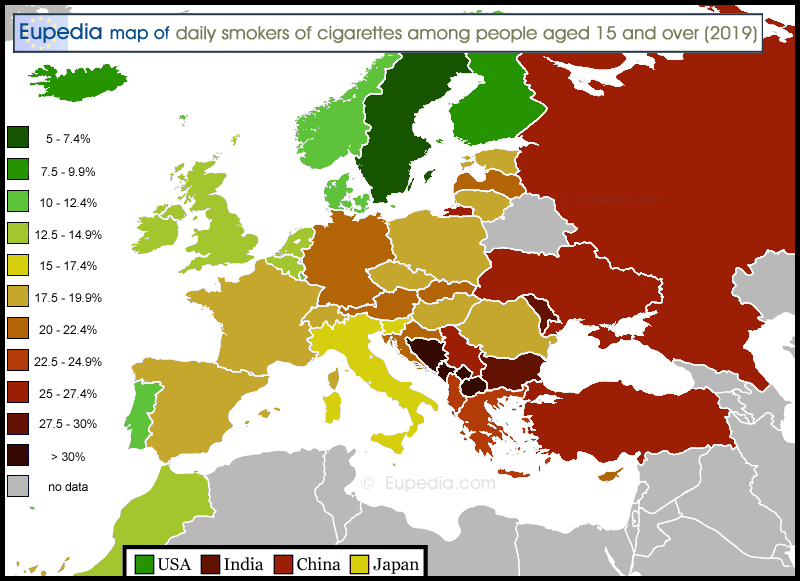 Map showing the percentage of daily smokers in and around Europe