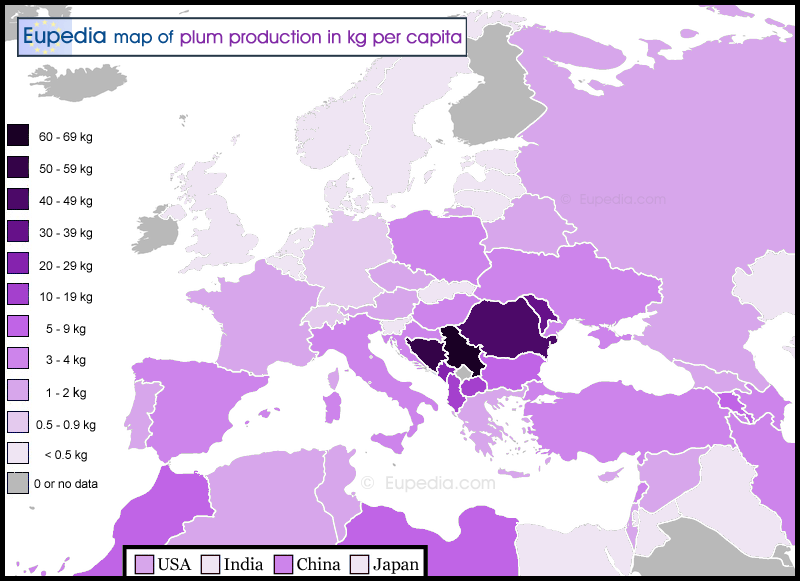 Map of plum production in kg per capita in and around Europe