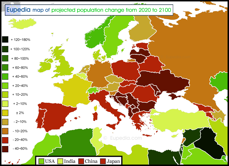 Map of projected population growth from 2020 to 2100 in and around Europe