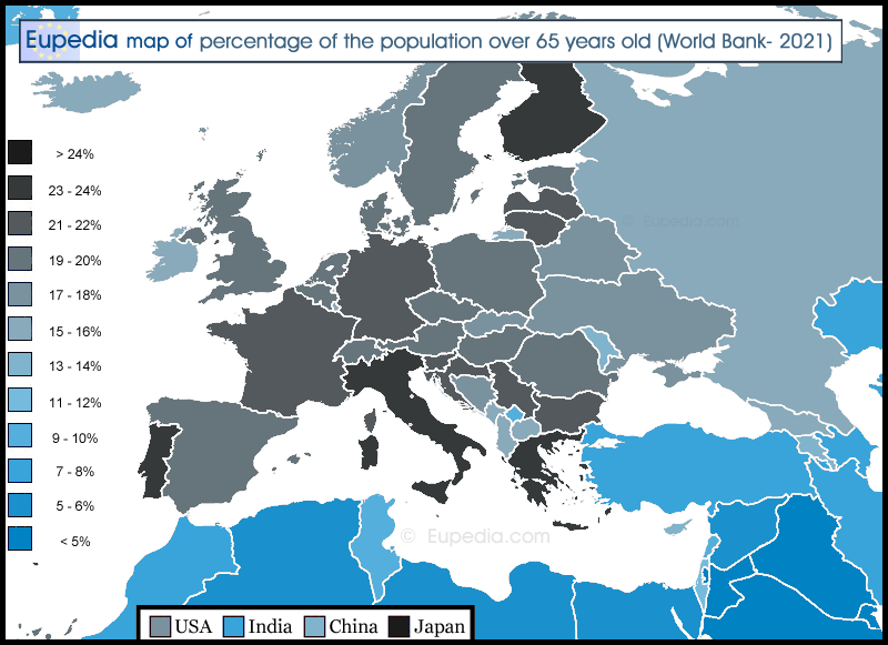 Map showing the percentage of the population over 65 years old in and around Europe