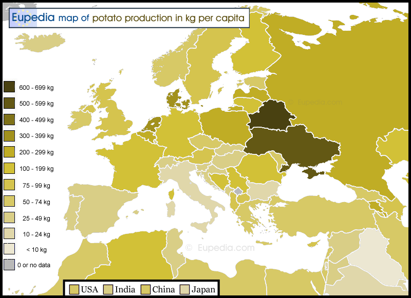 Map of potato production in kg per capita in and around Europe