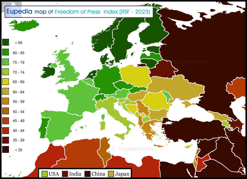 Map of freedom of press by country in and around Europe in 2023