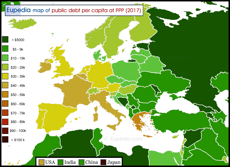Map of public debt per capita at PPP in and around Europe