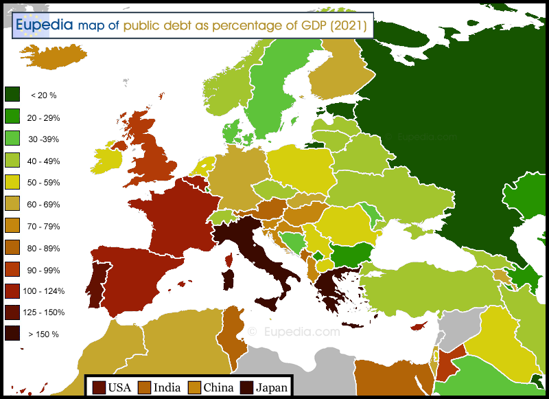 Map of public debt ratio to GDP in and around Europe
