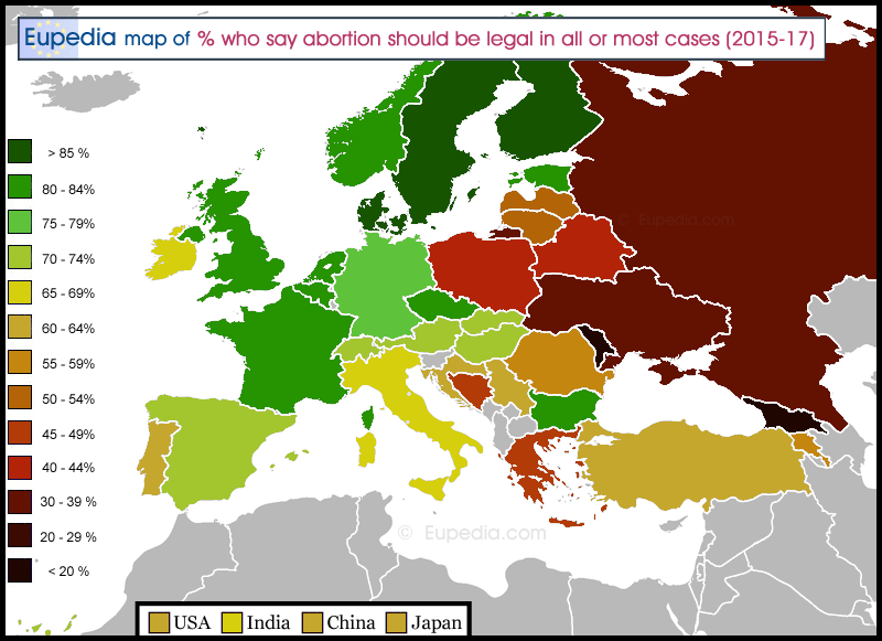 Map of public support for abortion by country in and around Europe