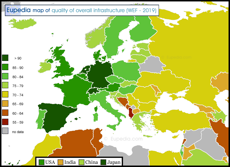 Map showing the quality of overall infrastructure in and around Europe