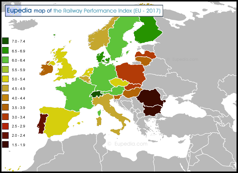 Map showing the EU's Railway Performance Index in Europe