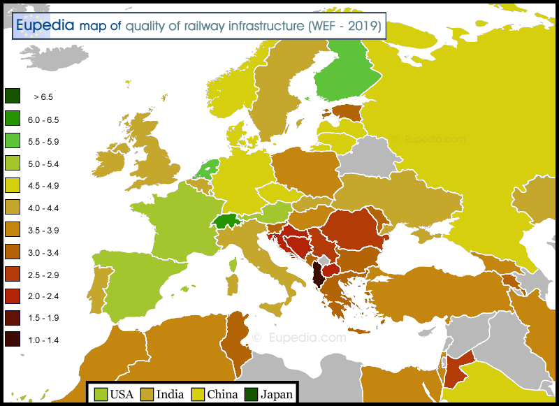 Map showing the quality of railway infrastructure in and around Europe