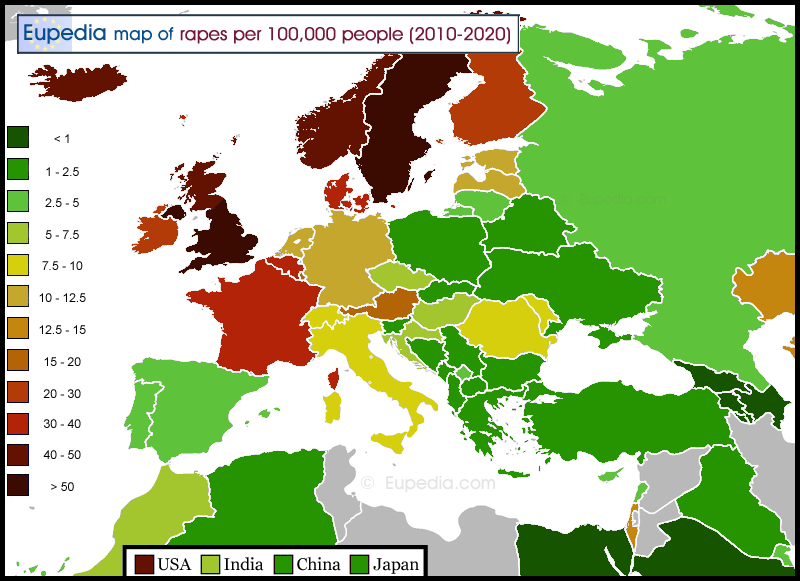 Map of rape rates in and around Europe
