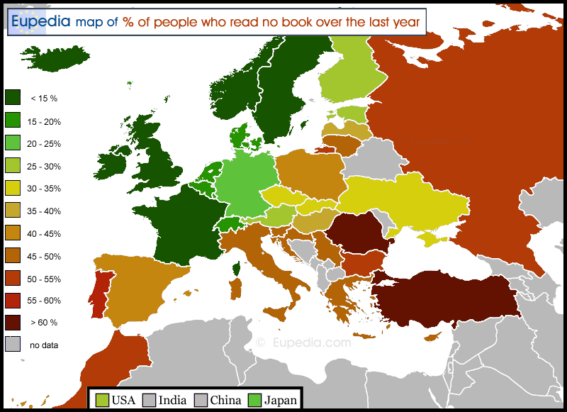 Map showing the percentage of people who did not read any book over the last year in Europe