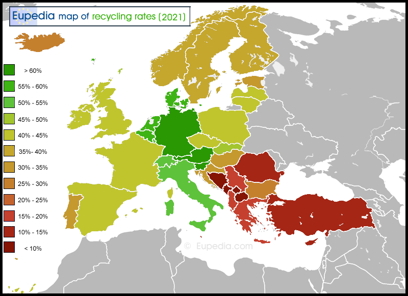 Map of recycling rates in Europe in 2021