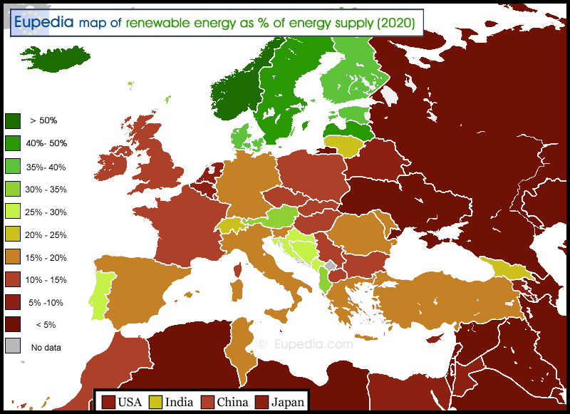 Map of renewable energy rates in Europe