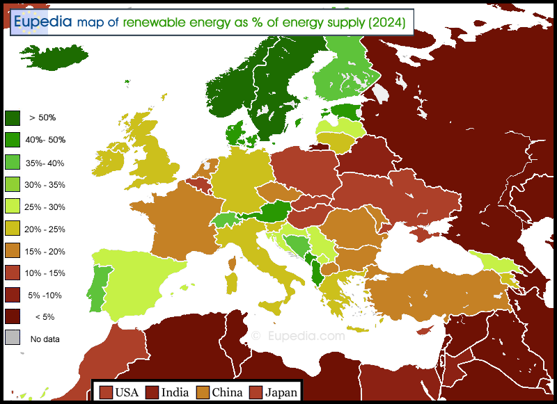 Map of renewable energy rates in and around Europe in 2024