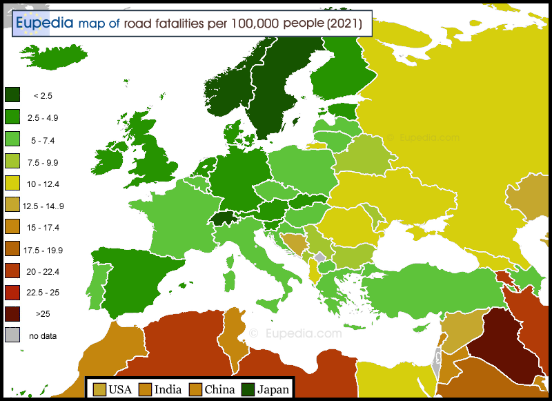 Map of traffic-related deaths by 100,000 motor vehicles in and around Europe Map of traffic-related deaths by 100,000 motor vehicles in and around Europe
