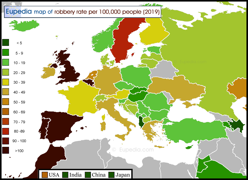 Map of robbery rate in and around Europe