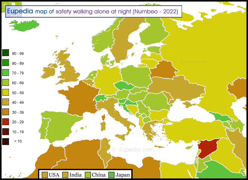 Map of feeling of safety walking alone during the night in and around Europe
