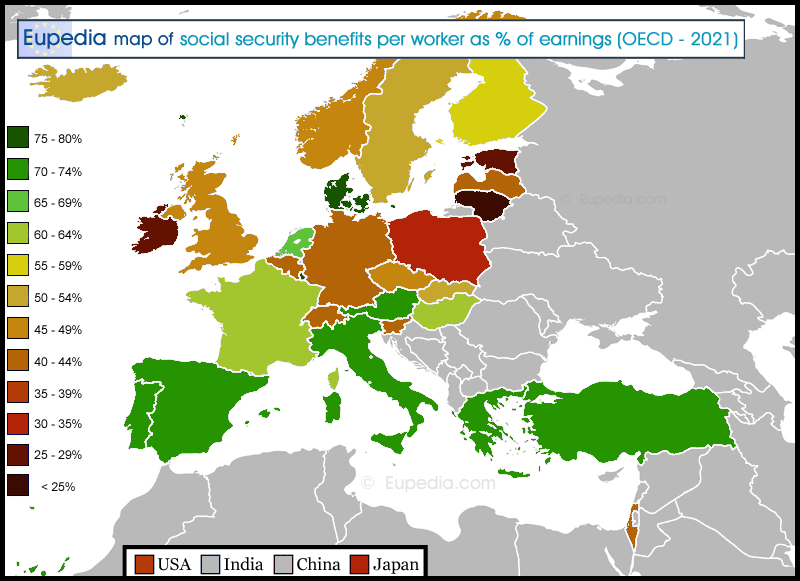 Map of social security benefits of an average worker as percentage of earnings in Europe in 2021