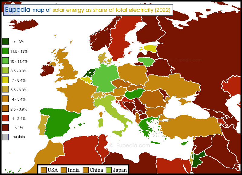 Map of solar energy share in and around Europe in 2022