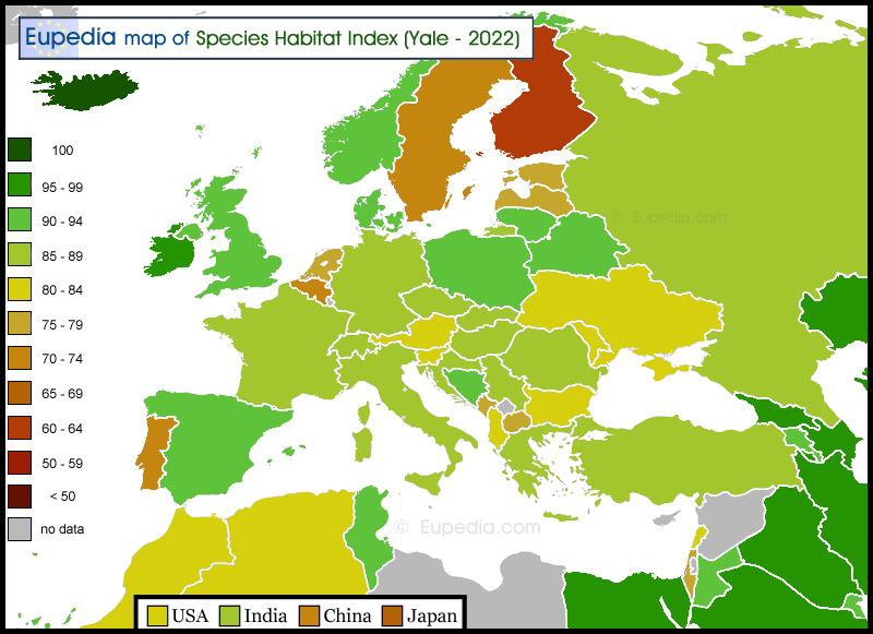 Map showing the Species Habitat Index score by country in and around Europe