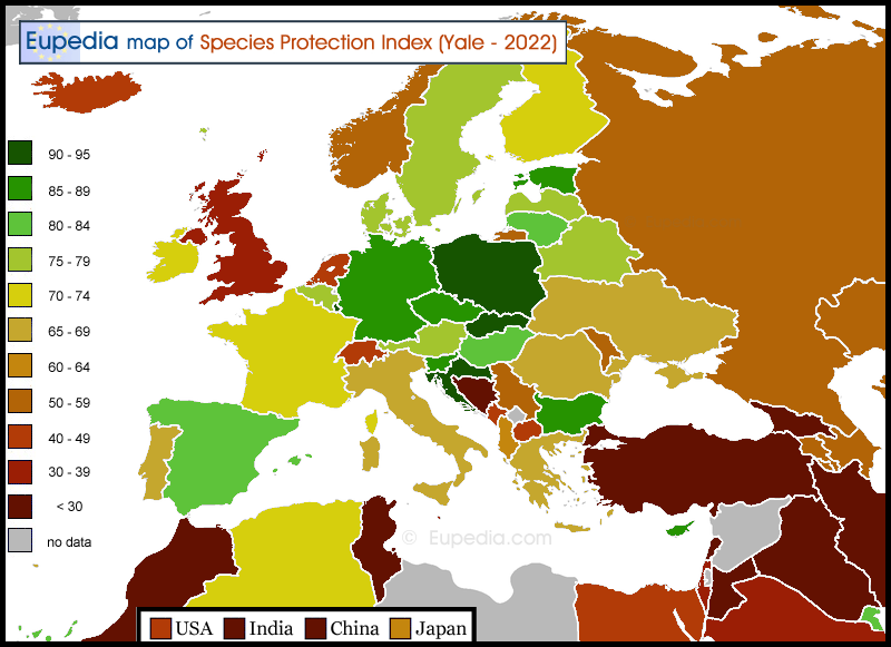 Map showing the Species Protection Index score by country in and around Europe